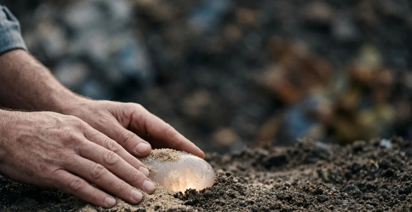 Mains dévoilant délicatement une pierre polie et lumineuse enfouie sous du sable, symbolisant la découverte de forces intérieures cachées