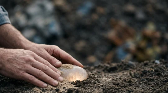Mains dévoilant délicatement une pierre polie et lumineuse enfouie sous du sable, symbolisant la découverte de forces intérieures cachées