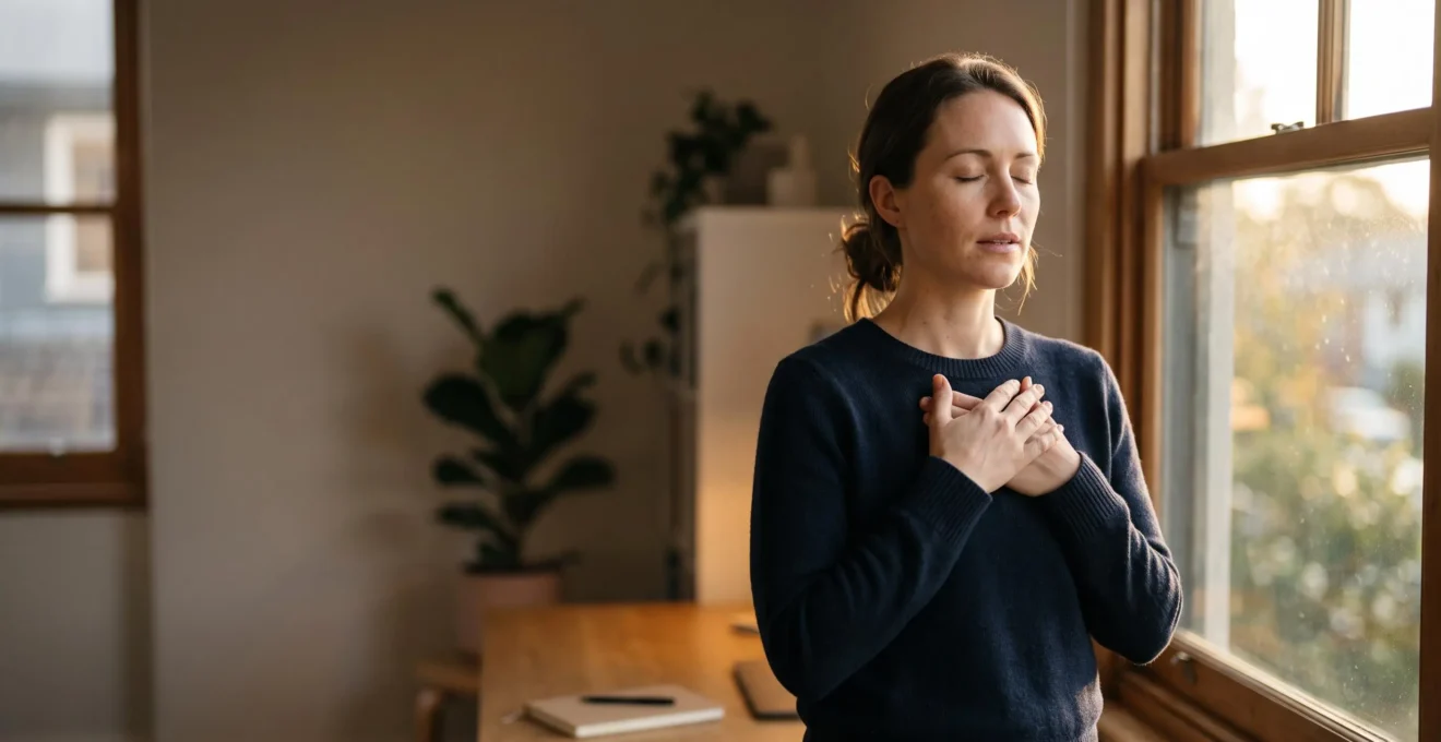 Personne installant un rituel matinal calme et protecteur avant une journée de travail