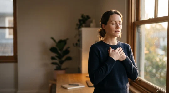 Personne installant un rituel matinal calme et protecteur avant une journée de travail