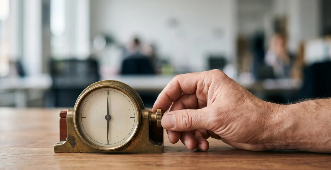 Main ajustant avec precision un cadran de mesure ancien, symbole de la calibration emotionnelle face a un imprevu professionnel