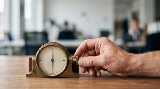 Main ajustant avec precision un cadran de mesure ancien, symbole de la calibration emotionnelle face a un imprevu professionnel