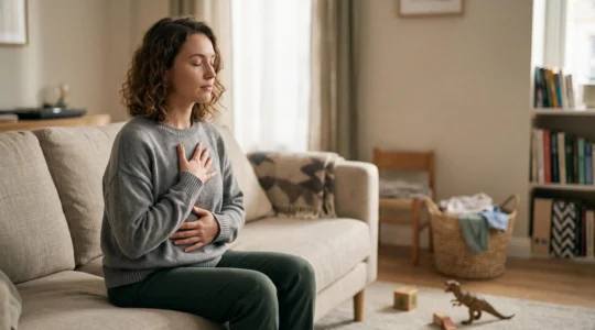 Femme assise dans un salon lumineux, une main posée sur le ventre, pratiquant une respiration abdominale calme malgré l'agitation domestique en arrière-plan
