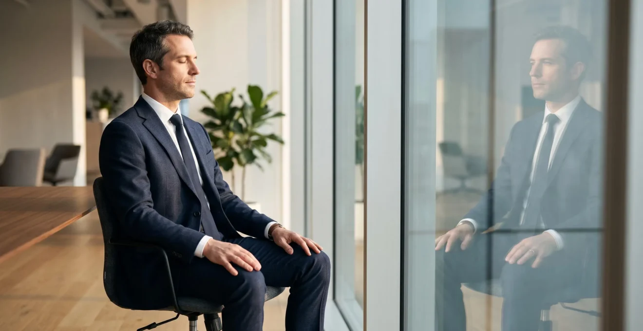 Professionnel assis dans un bureau lumineux, les yeux fermés, en train de pratiquer une technique de visualisation mentale avant un objectif important