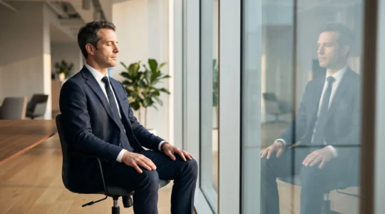 Professionnel assis dans un bureau lumineux, les yeux fermés, en train de pratiquer une technique de visualisation mentale avant un objectif important