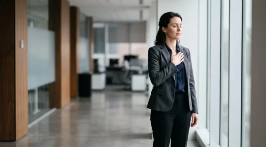 Professionnel debout dans un couloir de bureau lumineux, main posée sur la poitrine, respirant profondément avant une présentation