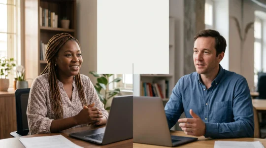 Deux professionnels en visioconférence dans des environnements différents, exprimant une communication sereine malgré la distance