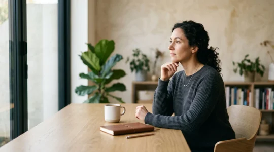 Professionnel plongé dans un état de concentration profonde et sereine dans un bureau baigné de lumière naturelle