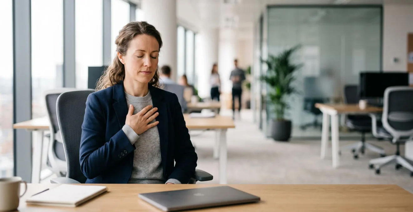 Un professionnel assis dans un bureau lumineux, les yeux fermes, la main posee sur le torse, incarnant le controle volontaire du systeme nerveux autonome