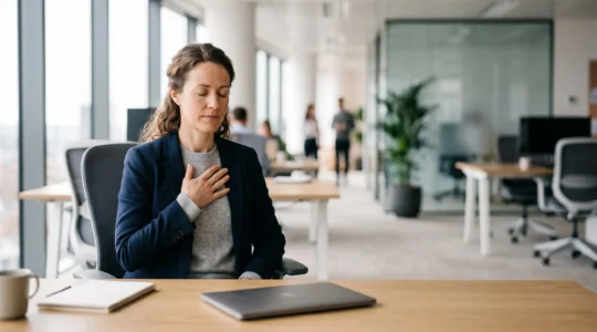 Un professionnel assis dans un bureau lumineux, les yeux fermes, la main posee sur le torse, incarnant le controle volontaire du systeme nerveux autonome