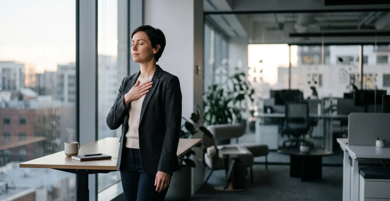 Silhouette apaisée en pause respiratoire dans un bureau lumineux, symbole de la régulation naturelle du cortisol par la sophrologie