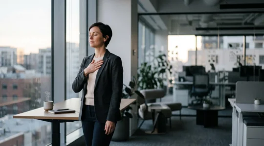Silhouette apaisée en pause respiratoire dans un bureau lumineux, symbole de la régulation naturelle du cortisol par la sophrologie