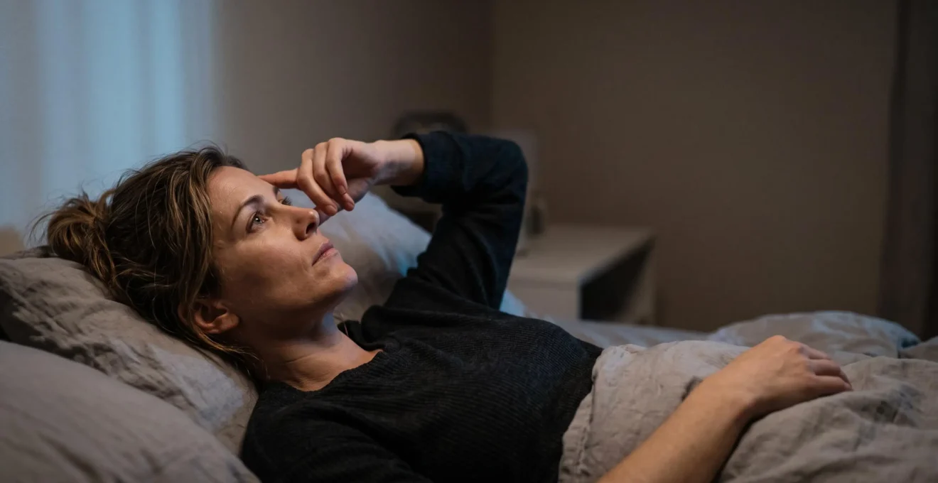 Professionnel allongé les yeux ouverts dans le noir, esprit envahi par des pensées de travail qui l'empêchent de dormir