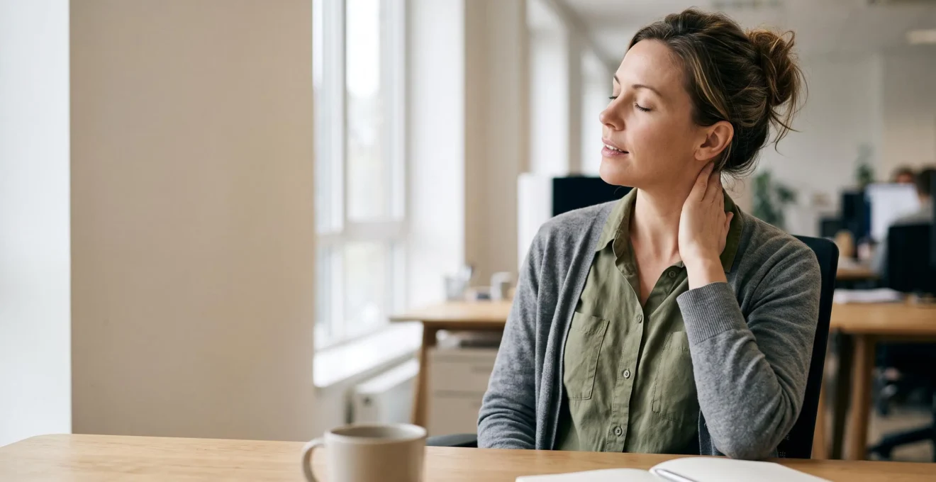 Professionnel assis à son bureau relâchant discrètement les tensions de sa nuque, ambiance lumineuse et épurée