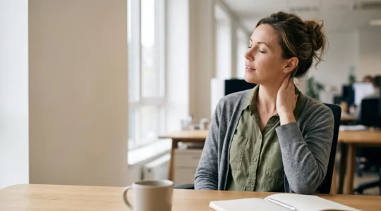 Professionnel assis à son bureau relâchant discrètement les tensions de sa nuque, ambiance lumineuse et épurée
