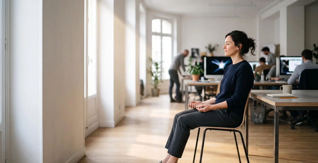 Professionnel s'accordant une courte pause de respiration et de calme au milieu d'une journée de travail chargée