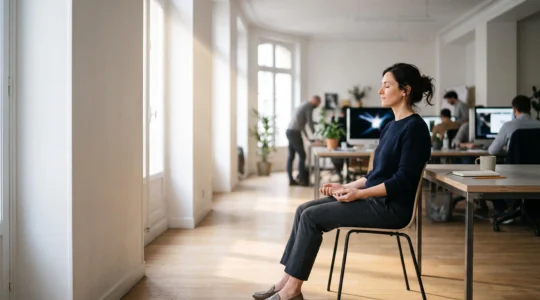 Professionnel s'accordant une courte pause de respiration et de calme au milieu d'une journée de travail chargée