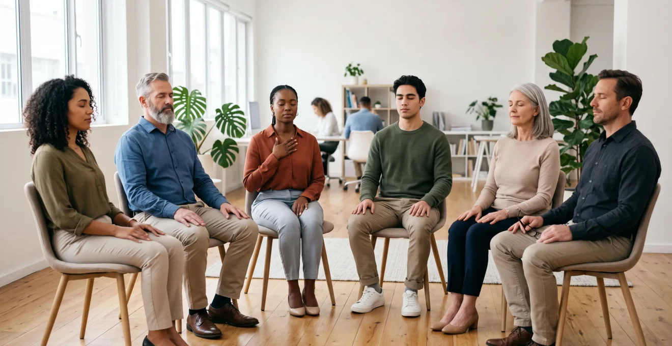 Un groupe de collègues assis en cercle, yeux fermés, partageant un moment de respiration commune avant une réunion.