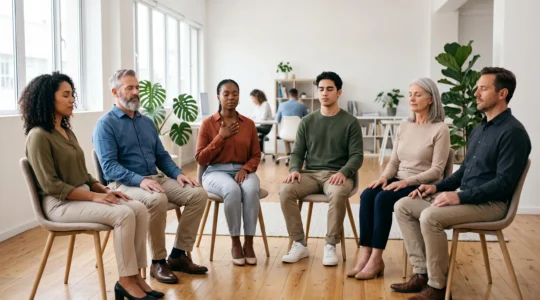 Un groupe de collègues assis en cercle, yeux fermés, partageant un moment de respiration commune avant une réunion.