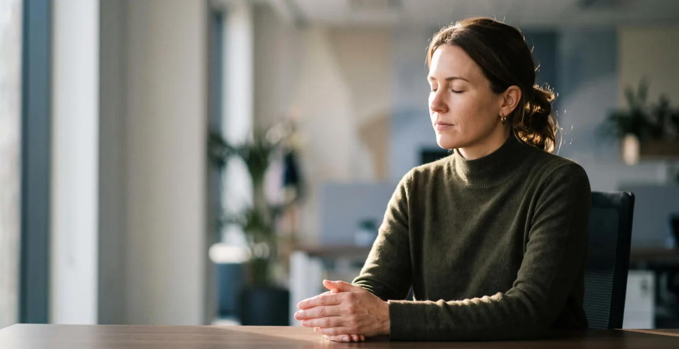 Professionnel assis à son bureau, yeux fermés, dans un moment de calme intérieur au milieu d'un environnement de travail flou