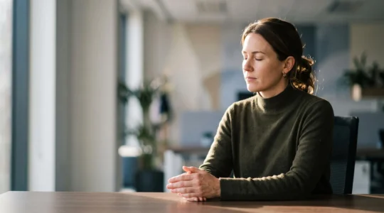 Professionnel assis à son bureau, yeux fermés, dans un moment de calme intérieur au milieu d'un environnement de travail flou