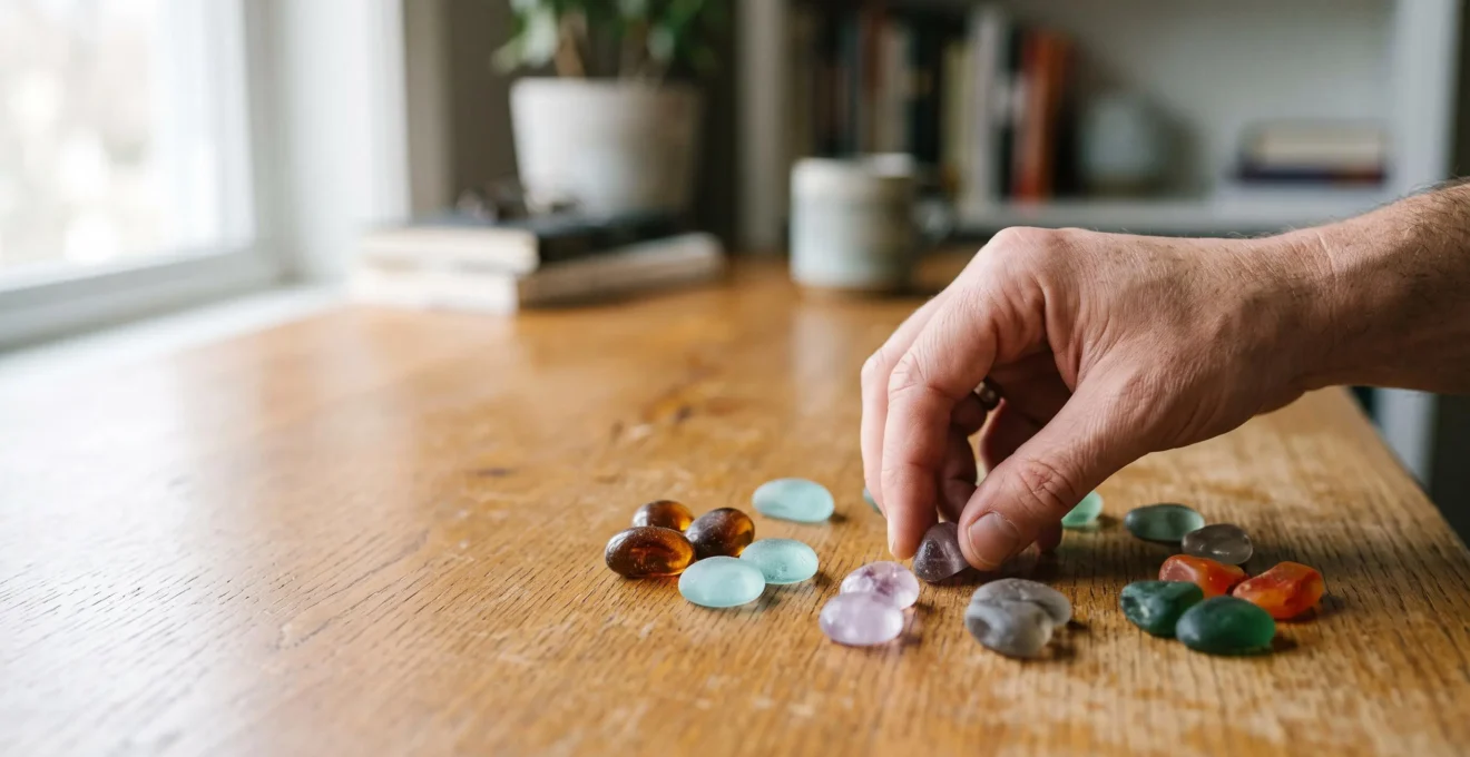Une main triant délicatement des galets translucides de couleurs différentes sur un bureau en bois, symbolisant l'identification précise de chaque émotion plutôt qu'un stress global