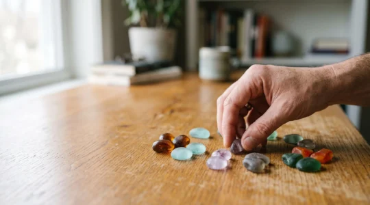 Une main triant délicatement des galets translucides de couleurs différentes sur un bureau en bois, symbolisant l'identification précise de chaque émotion plutôt qu'un stress global