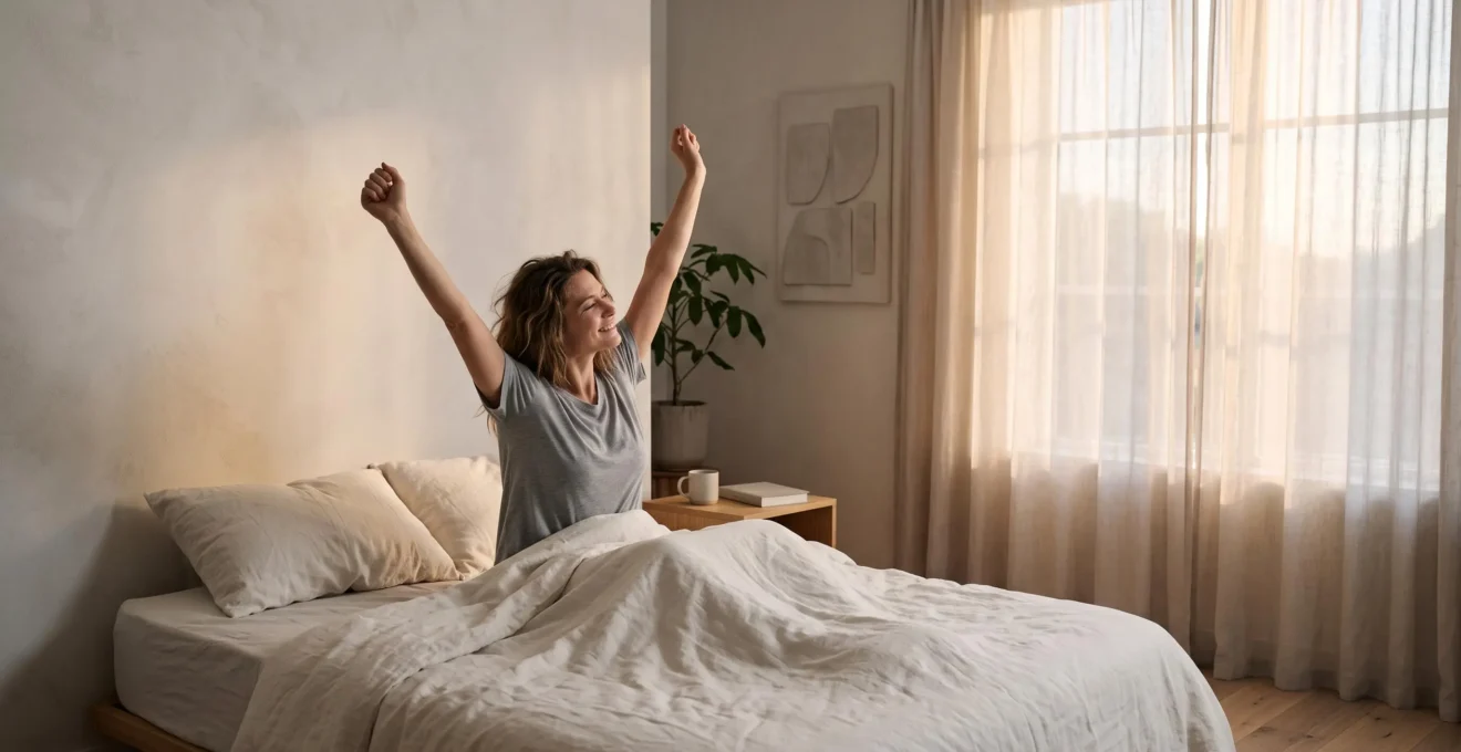 Personne se reveillant sereinement dans une chambre baignee de lumiere douce du matin, symbolisant une nuit de sommeil regenerante