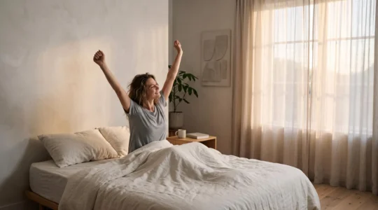 Personne se reveillant sereinement dans une chambre baignee de lumiere douce du matin, symbolisant une nuit de sommeil regenerante