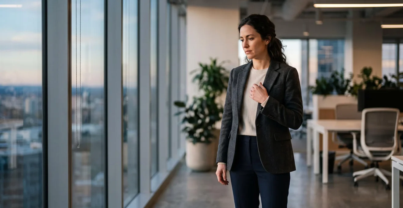 Un professionnel se tient debout dans un bureau lumineux, le visage serein en apparence mais le regard perdu dans le vide, suggérant une tension intérieure contenue