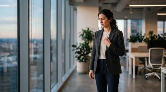 Un professionnel se tient debout dans un bureau lumineux, le visage serein en apparence mais le regard perdu dans le vide, suggérant une tension intérieure contenue