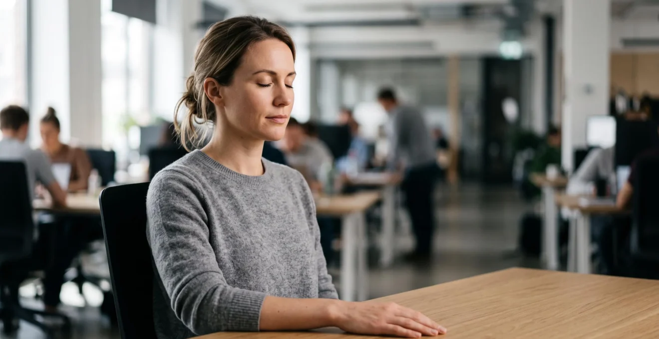 Personne au bureau fermant les yeux un instant pour retrouver son calme intérieur face à un imprévu professionnel