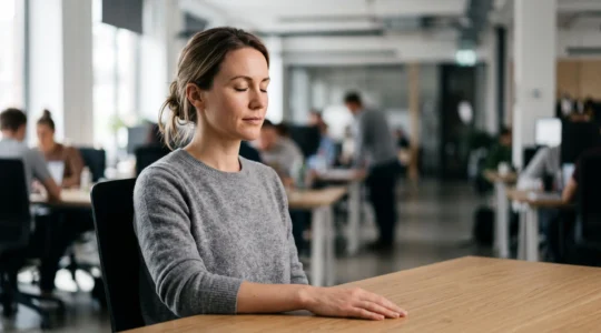 Personne au bureau fermant les yeux un instant pour retrouver son calme intérieur face à un imprévu professionnel