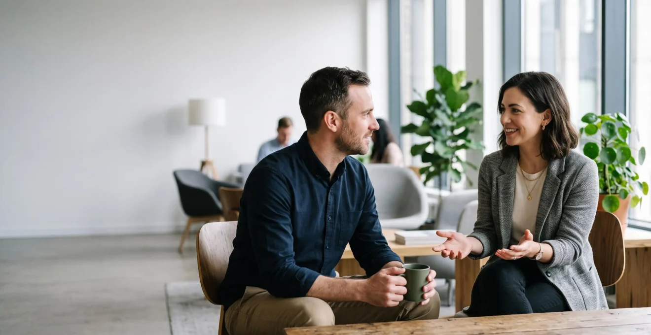 Deux collègues en discussion dans un bureau lumineux, l'un avec une posture ouverte et détendue illustrant la qualité de l'interaction