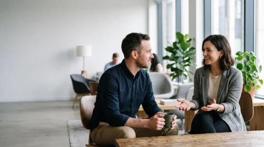 Deux collègues en discussion dans un bureau lumineux, l'un avec une posture ouverte et détendue illustrant la qualité de l'interaction