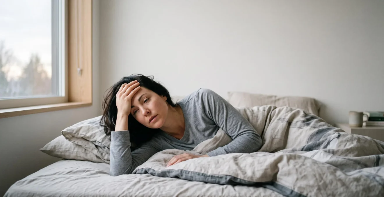 Personne allongée dans un lit au petit matin, lumière douce de l'aube, visage marqué par une fatigue résiduelle malgré une nuit complète