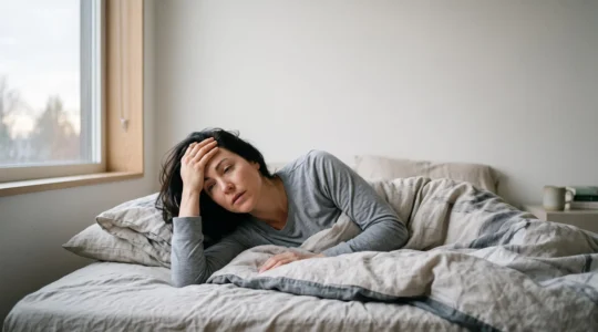 Personne allongée dans un lit au petit matin, lumière douce de l'aube, visage marqué par une fatigue résiduelle malgré une nuit complète