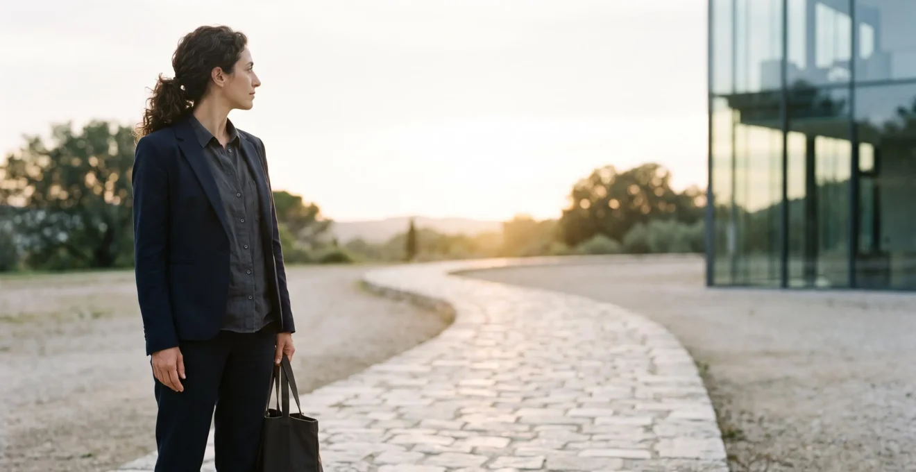 Une professionnelle se tient debout avec assurance face à un chemin sinueux baigné de lumière, symbolisant l'approche confiante d'un projet complexe