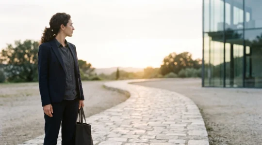 Une professionnelle se tient debout avec assurance face à un chemin sinueux baigné de lumière, symbolisant l'approche confiante d'un projet complexe