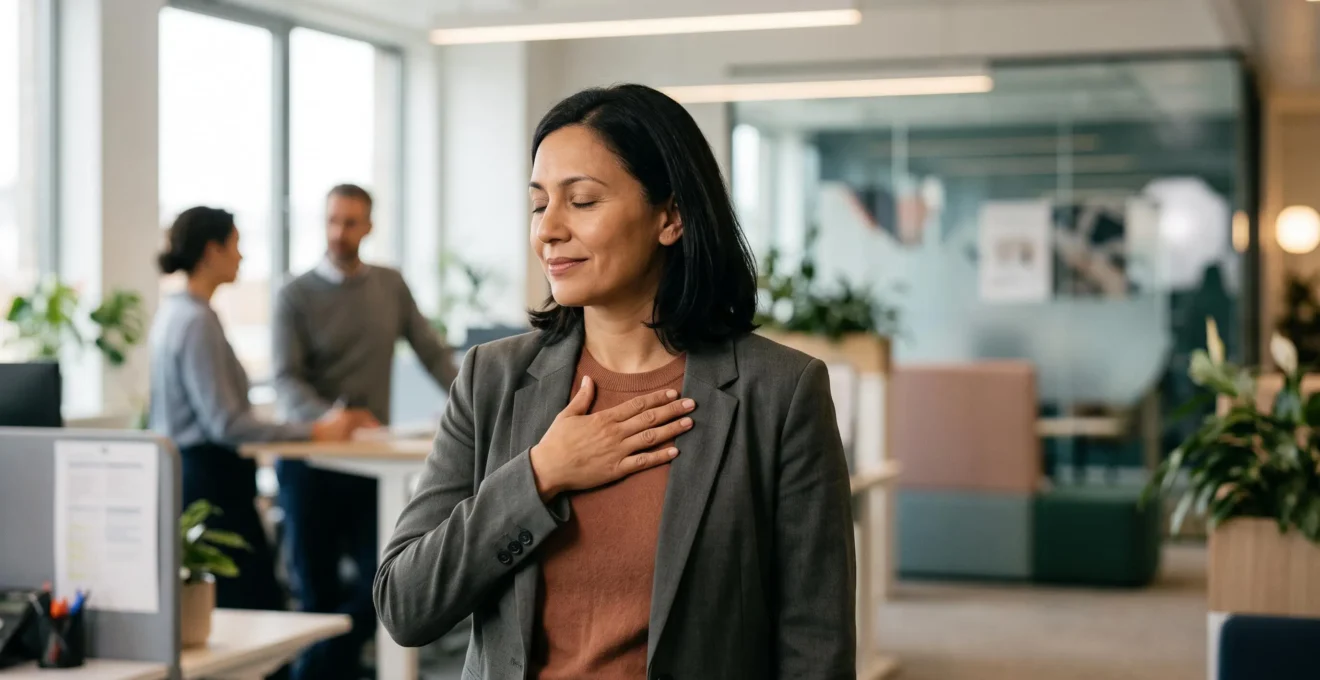 Une personne en tenue professionnelle respire calmement les yeux mi-clos pendant un échange de travail, symbolisant le recadrage serein d'une critique en feedback constructif