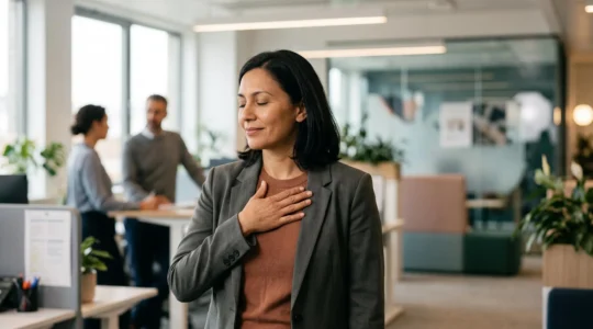Une personne en tenue professionnelle respire calmement les yeux mi-clos pendant un échange de travail, symbolisant le recadrage serein d'une critique en feedback constructif