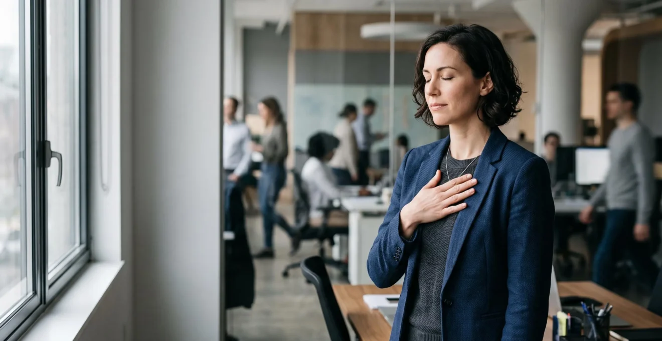 Un professionnel en pleine réflexion calme dans un bureau moderne, illustrant la maîtrise émotionnelle au travail