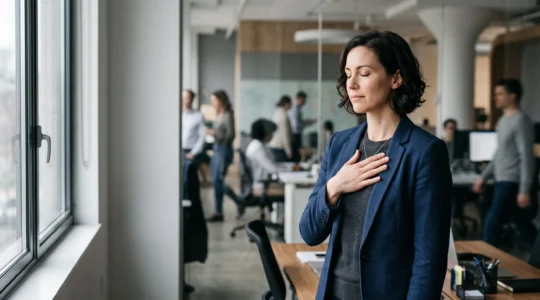 Un professionnel en pleine réflexion calme dans un bureau moderne, illustrant la maîtrise émotionnelle au travail