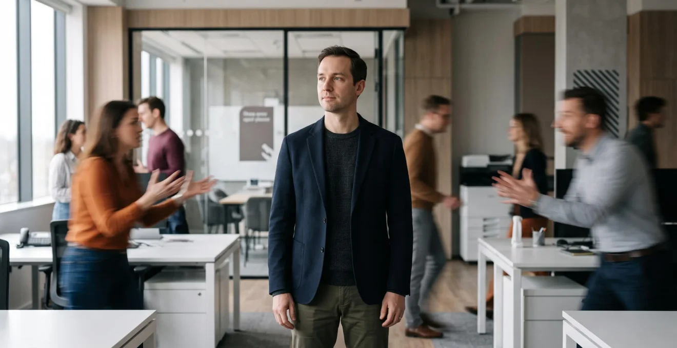 Une personne debout avec une posture calme et droite au centre d'un open space flou et agité, symbolisant la maîtrise de soi face à la pression