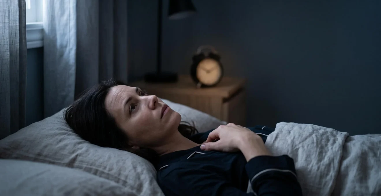 Personne allongée dans un lit dans la pénombre, les yeux ouverts, dans une chambre calme et minimaliste au milieu de la nuit