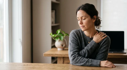 Une personne assise à son bureau, les yeux fermés, main posée sur l'épaule dans un geste d'auto-conscience corporelle