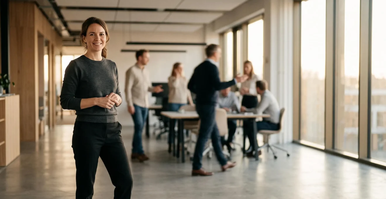 Un professionnel calme et centre au sein d'un espace de travail ouvert, incarnant la serenite qui influence son equipe