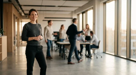 Un professionnel calme et centre au sein d'un espace de travail ouvert, incarnant la serenite qui influence son equipe