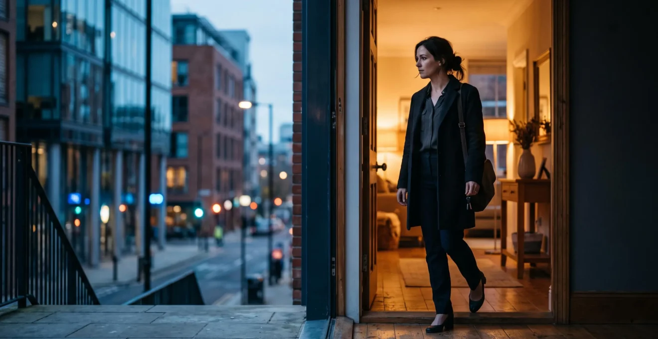 Silhouette d'une personne au seuil d'une porte, entre l'agitation floue du bureau et la chaleur apaisante du foyer, symbolisant la frontière à protéger entre travail et vie privée.