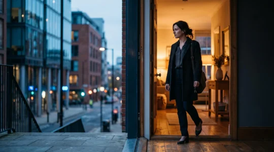 Silhouette d'une personne au seuil d'une porte, entre l'agitation floue du bureau et la chaleur apaisante du foyer, symbolisant la frontière à protéger entre travail et vie privée.